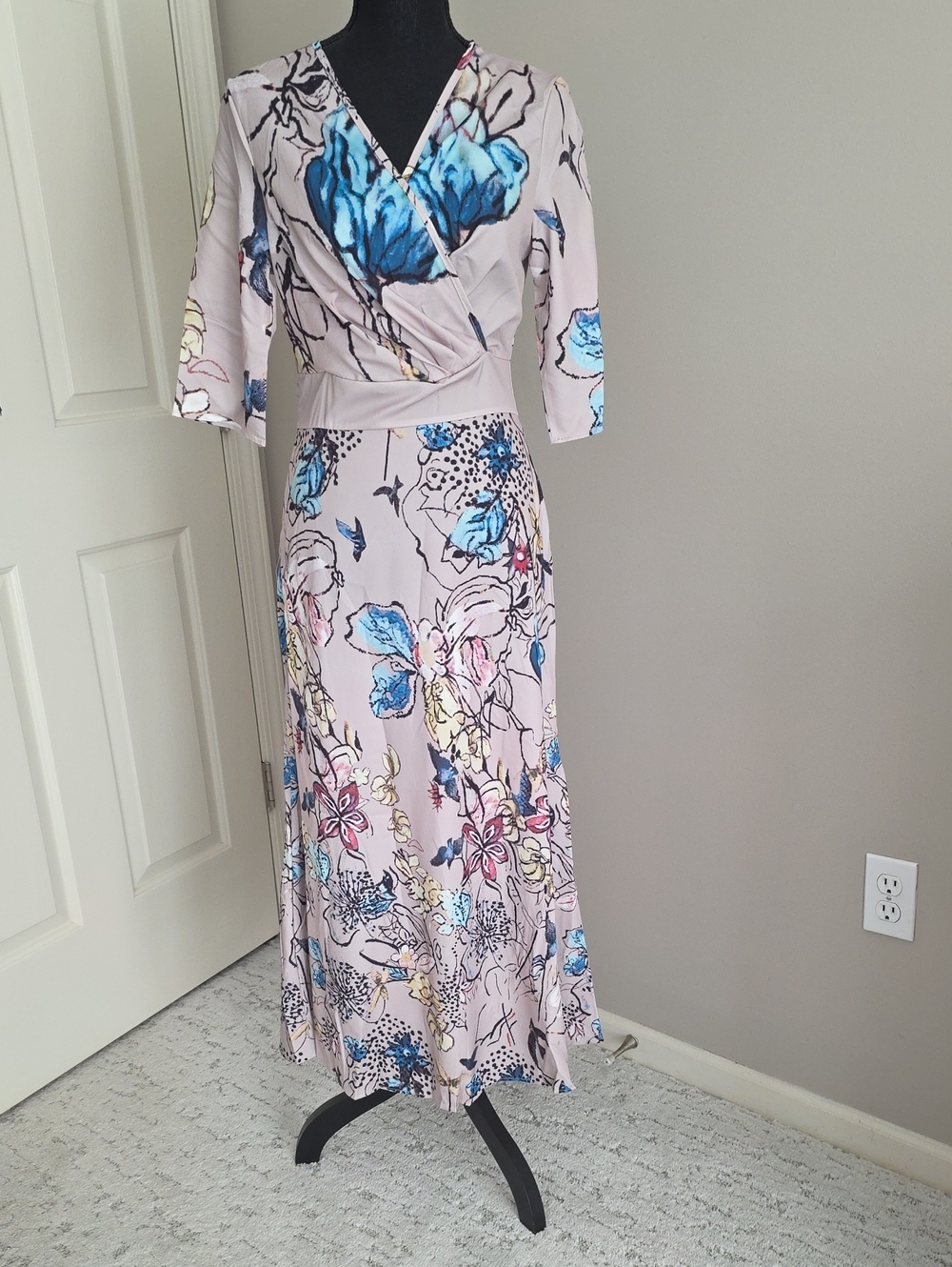 Floral Wrap Midi/ankleDress in Light Taupe with Blue Accents